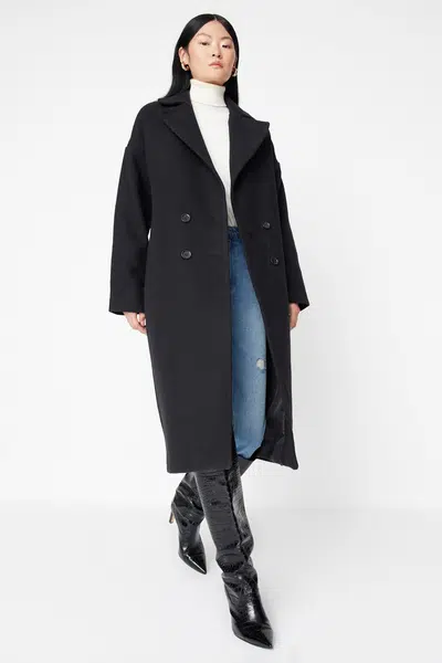 Trendyol Black oversize široký strih dlhý vlnený kašmírový kabát