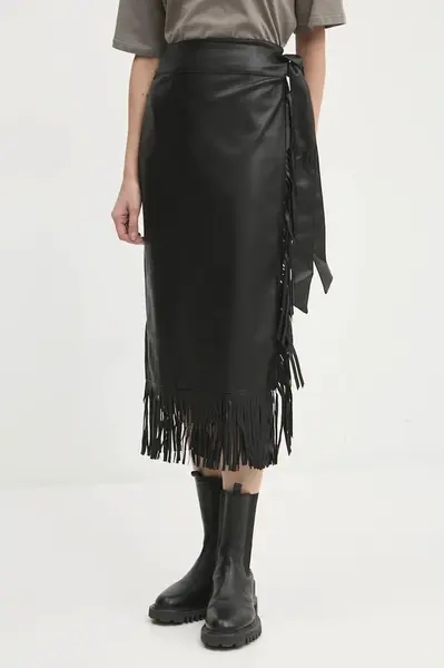 Kožená sukně Never Fully Dressed Vegan Leather Fringe Jaspre černá barva, midi, pouzdrová, NFDSK573