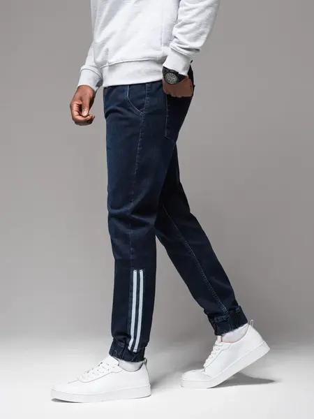 Ombre Men's denim joggers with piping - dark blue