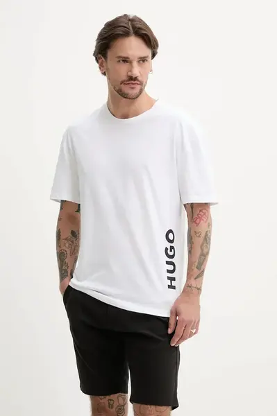 Plážové tričko HUGO T-SHIRT RN RELAXED bílá barva, s potiskem