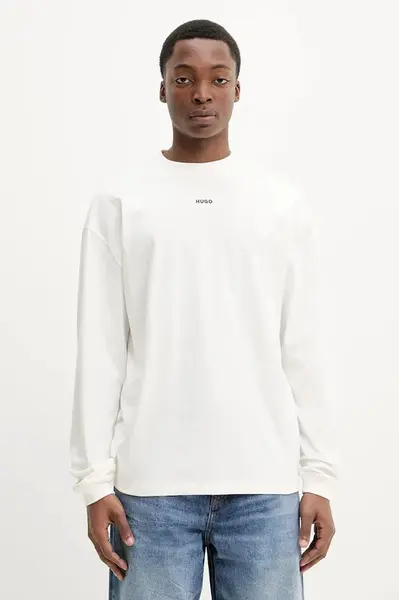 Bavlněné tričko s dlouhým rukávem HUGO Daposo béžová barva, 50511029