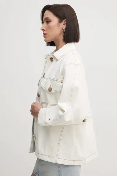 Džínová bunda Tommy Hilfiger dámská, béžová barva, přechodná, WW0WW43728