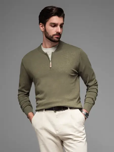 Ombre Men's sweater with viscose and spread neckline - olive