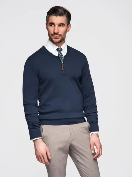 Ombre Men's sweater with viscose and spread neckline - navy blue