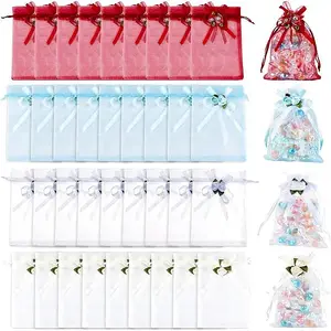 40Pcs 4 Colors 3D Flower Organza Drawstring Bags