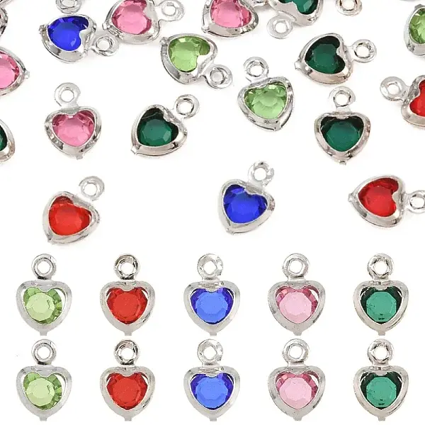 50Pcs 5 Colors Heart Rack Plating Brass Glass Charms