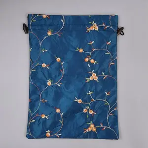 Embroidery Flower Burlap Packing Pouches Drawstring Bags