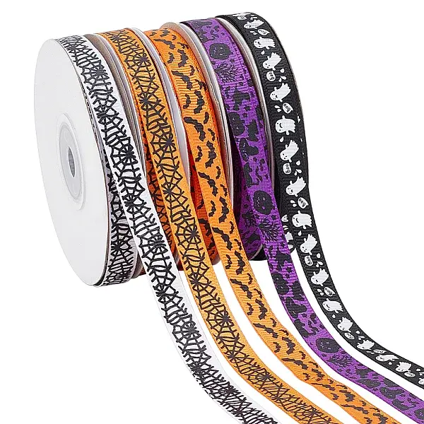 5 Rolls 5 Styles Halloween Theme Polyester Printed Grosgrain Ribbon