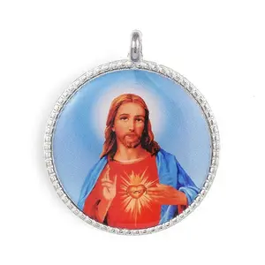 Jesus Pattern Flat Round Alloy Pendants