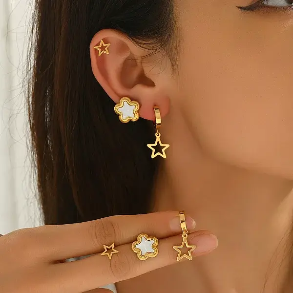 3 Pairs Stainless Steel Flower & Hollow Star Earring Sets