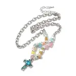 Alloy Glass Cross Pendant Necklace with Cat Eye Chips Beaded Chains