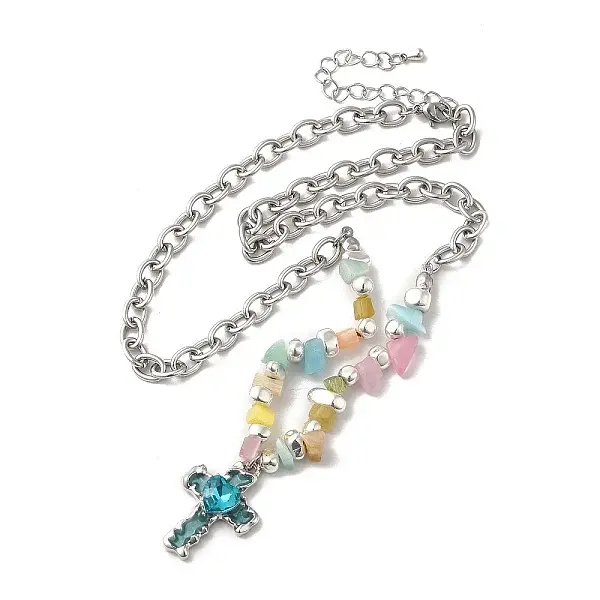 Alloy Glass Cross Pendant Necklace with Cat Eye Chips Beaded Chains