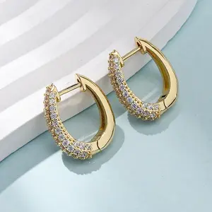 Oval Brass Micro Pave Clear Cubic Zirconia Hoop Earrings