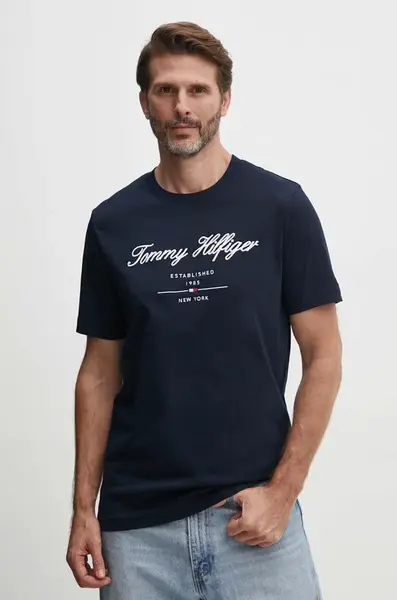 Bavlněné tričko Tommy Hilfiger tmavomodrá barva, s aplikací, MW0MW33691