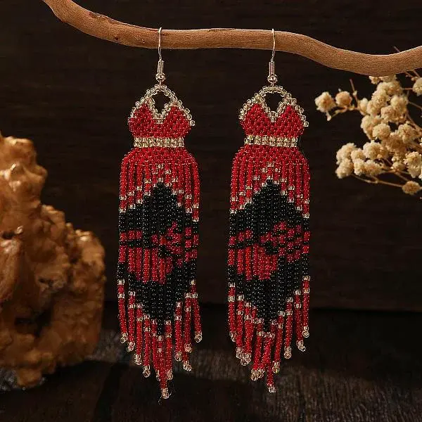 Handmade Bohemian Glass Seed Beads Long Dress Tassel Dangle Earrings