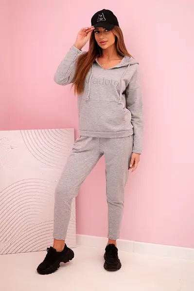 Kesi Dámská bavlněná tepláková souprava s kapucí a potiskem šedá