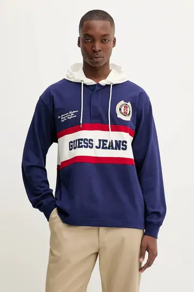 Bavlněná mikina Guess Jeans pánská, modrá barva, s kapucí, s aplikací, M5YP08 KCYM1