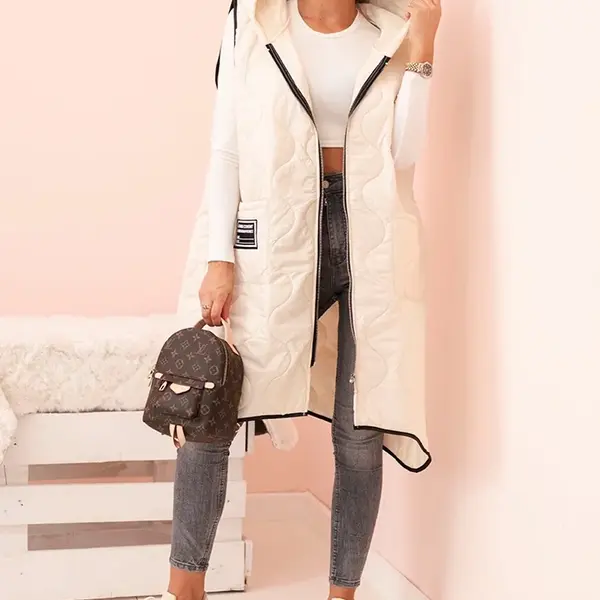 Kesi Włoski Dámská prošívaná vesta Plus Size s kapucí na zip světle béžová