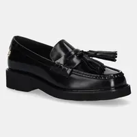 Kožené mokasíny Tommy Hilfiger TASSEL SQUARISH TOE LTHR LOAFER dámské, černá barva, na platformě, FW0FW08749