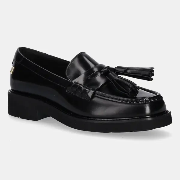 Kožené mokasíny Tommy Hilfiger TASSEL SQUARISH TOE LTHR LOAFER dámské, černá barva, na platformě, FW0FW08749