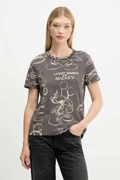 Bavlněné tričko Desigual MICKEY SKETCH dámské, šedá barva, 25WWTK03
