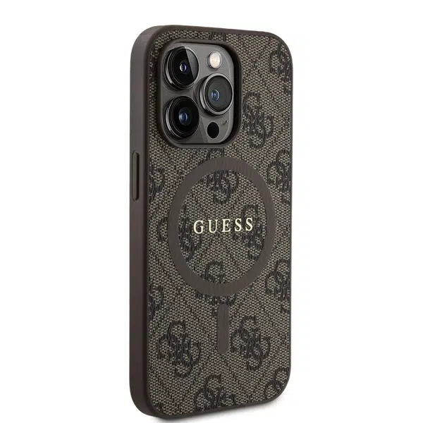 Zadní kryt Guess PU Leather 4G Colored Ring MagSafe pro Apple iPhone 14 Pro, hnědá