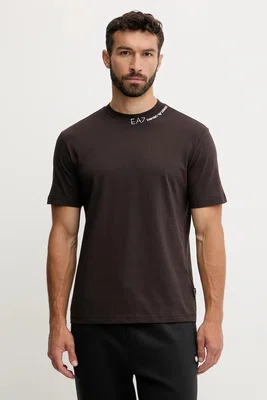 Bavlněné tričko EA7 Emporio Armani pánské, hnědá barva, AF13244.7X000147