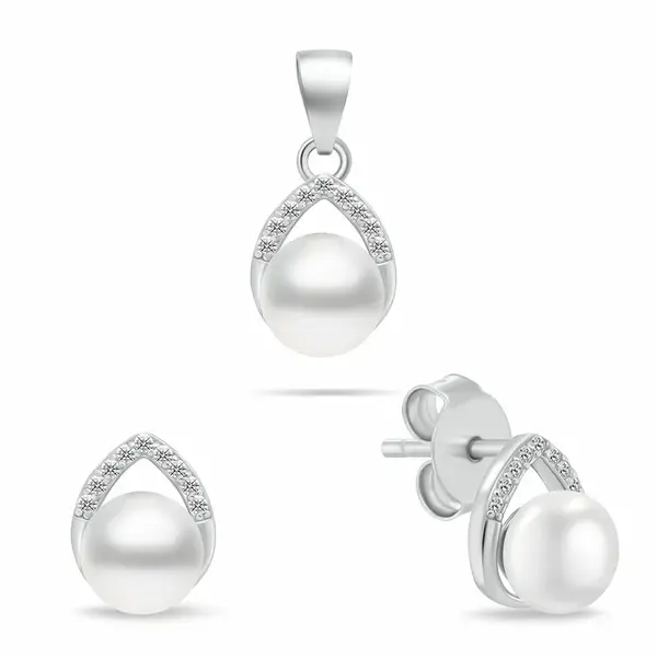 Brilio Silver Sofistikovaný stříbrný set šperků s perlami SET290W (náušnice, přívěsek)