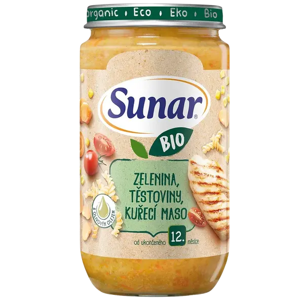 SUNAR BIO příkrm zelenina, těstoviny, kuřecí maso 12m+, 235 g