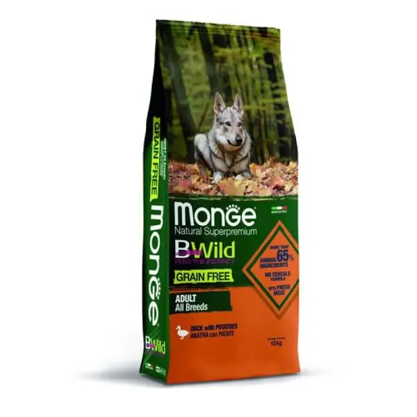 MONGE BWild Grain Free Adult All Breeds 12kg bezobilninové kompletné krmivo pre dospelých psov všetkých plemien s kačacím mäsom a zemiakmi