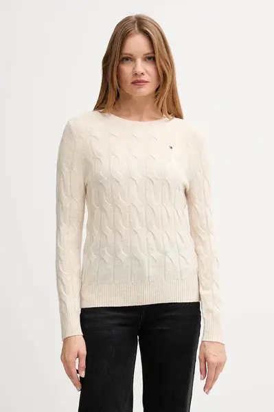 Vlněný svetr Tommy Hilfiger dámský, béžová barva, WW0WW43586