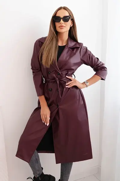 Kesi Włoski Dámsky trenčkot z ekokože s opaskom a golierom bordový