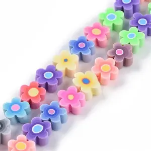 Handmade Flower Printed Polymer Clay Beads Strands