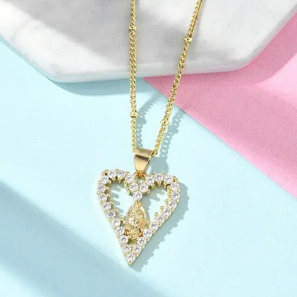 Brass Pave Clear Cubic Zirconia Heart Virgin Mary Pendant Necklaces for Women