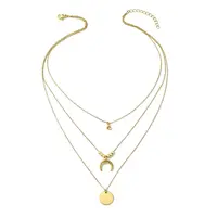 304 Stainless Steel Moon Pendant Triple Layered Necklace with Glass for Women