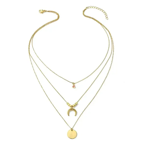 304 Stainless Steel Moon Pendant Triple Layered Necklace with Glass for Women
