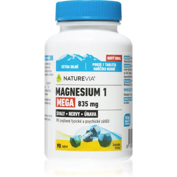 NatureVia Magnesium 1 Mega 835mg tablety pro podporu normální činnosti nervové soustavy, svalů, zubů a snížení míry únavy 90 tbl