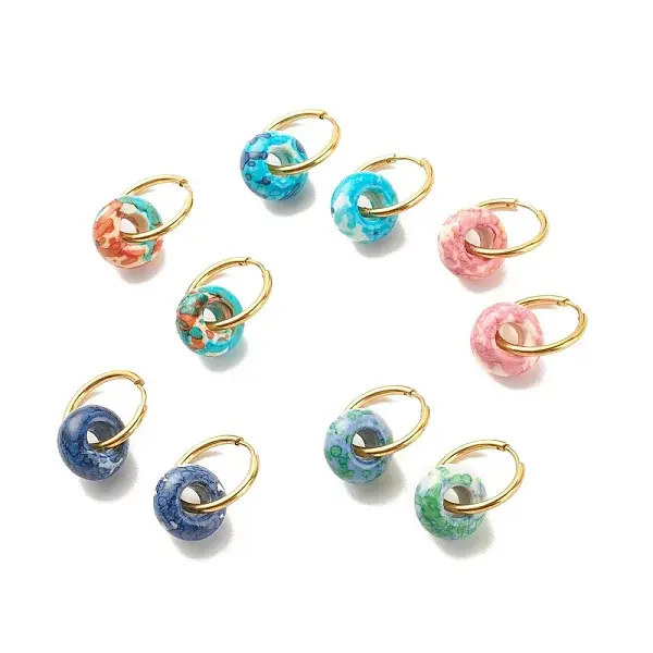 Rondelle Natural Ocean White Jade Dangle Hoop Earrings