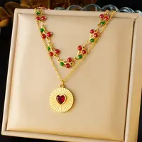 304 Stainless Steel Siam Rhinestone Heart Pendant Cherry Link Chain Double Layer Necklaces for Women