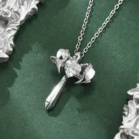 Brass Cubic Zirconia Wing Cross Pendant Necklaces for Women