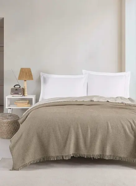 Přehoz 200x230 waffle - tmavá béžová, bílá