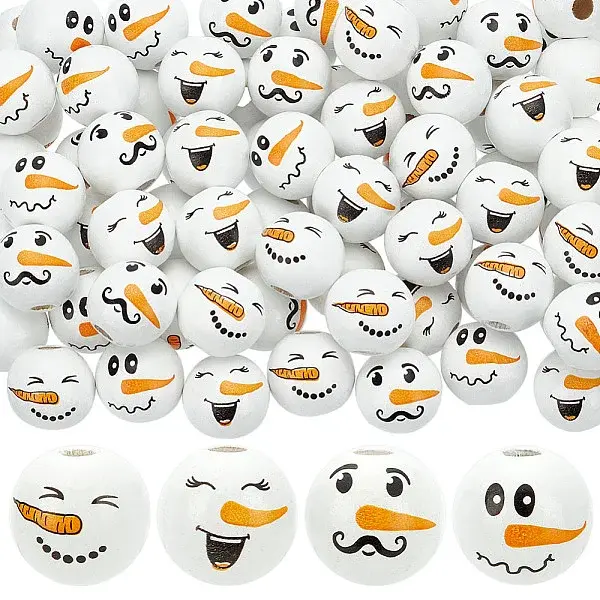 80Pcs 4 Styles Snowman Theme Printed Wood European Beads