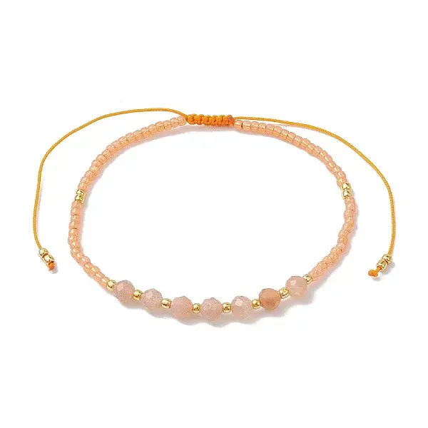 Adjustable Natural Sunstone & Seed Braided Bead Bracelets