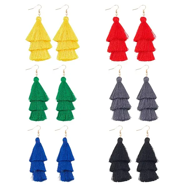 6 Pairs 6 Colors Bohemian Polyester Long Tassel Dangle Earrings with Iron Pins for Women