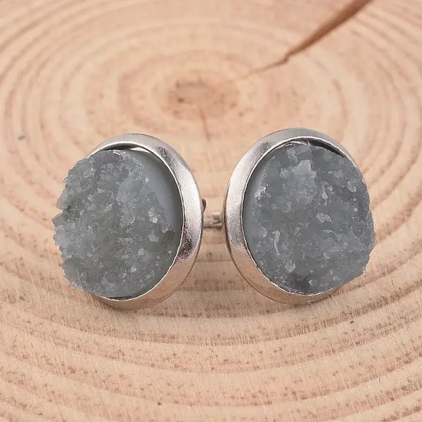 Flat Round 304 Stainless Steel Druzy Resin Ear Studs