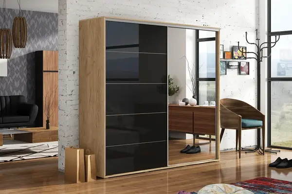 Šatní skříň Ska A11 Barva korpusu: Dub - Craft zlatý, Rozměry: 230 cm, Dveře: Černý lesk