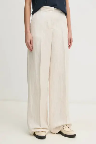 Kalhoty s příměsí lnu Tommy Hilfiger béžová barva, high waist, WW0WW45464