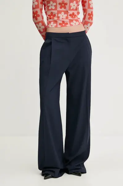 Kalhoty HUGO dámské, tmavomodrá barva, široké, high waist, 50530103