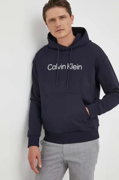 Bavlněná mikina Calvin Klein pánská, tmavomodrá barva, s kapucí, s aplikací