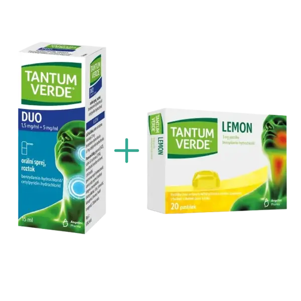 TANTUM VERDE DUO 1,5 mg/ml + 5 mg/ml orální sprej, roztok a Tantum Verde Lemon 3mg 20 pastilek